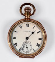 A gold-plated open-face pocket watch by Waltham USA, the white enamel dial with retailers mark