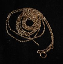 A long yellow metal, tests as 14ct gold, fine rope twist chain, gross weight approximately 11.6g