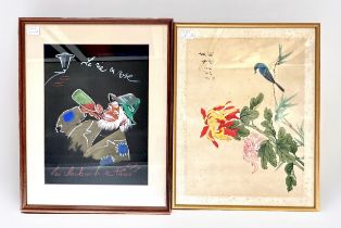 A Chinese hand-painted study of a bird on a branch with flowers, gouache study on silk, with