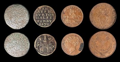 Four various copper alloy tokens: 'An Ayshburton Half Penny 1670, Jeton de Nuremberg, a Cumberland