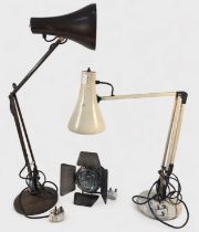 Two Anglepoise model 90 table lamps, one white, the other brown, both raised on circular bases,