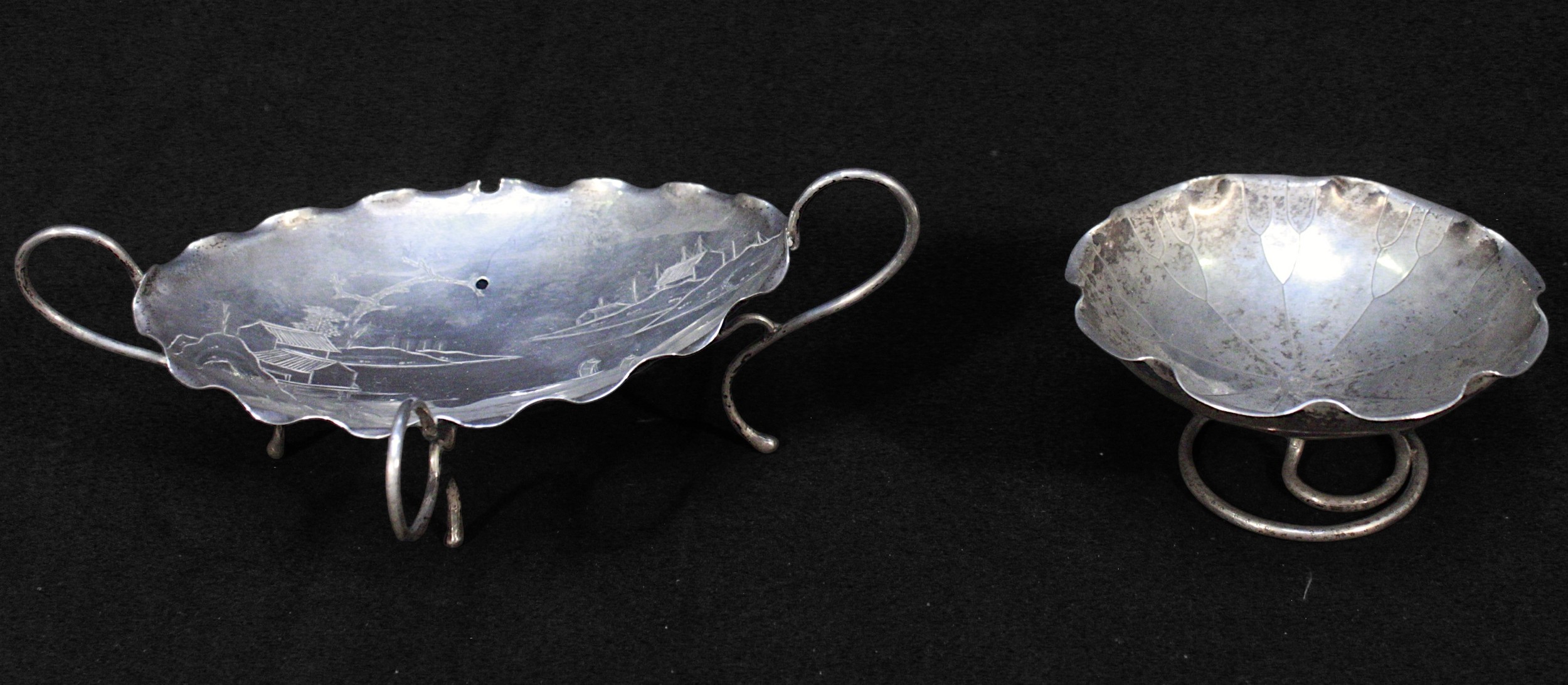Two various Wang Hing Chinese Export Silver Bon Bon Dishes, one modelled as a stylised lillypad