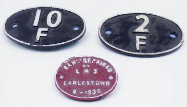 Two British Railways cast iron shed code plates, ‘2F’ (Coventry, 1950-50) and ‘10F’ (Lower Ince,