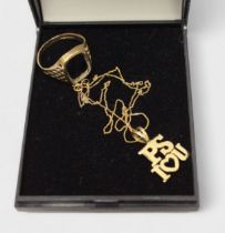 A 9ct gold necklace with ‘PS I Love You’ pendant and a broken 9ct gold ring, gross weight