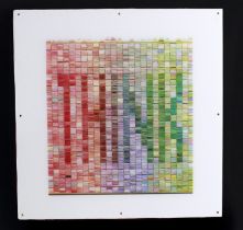 A print depicting a number of multicoloured shirts in a large compartmented shelving unit,