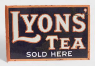 A double-sided enamel advertising sign for ‘Lyons’ Tea Sold Here’, with wall mounting flange, some