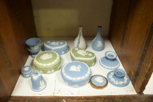 A collection of assorted Wedgwood Jasperware, in blue and green, to include various trinket boxes