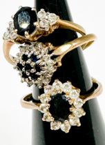 Three various 9ct gold sapphire and diamond dress rings, total weight 6.0 grams.