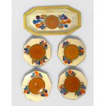 Bizarre by Clarice Cliff, an Art Deco sandwich set ‘334’ in the Autumn Crocus pattern, comprising