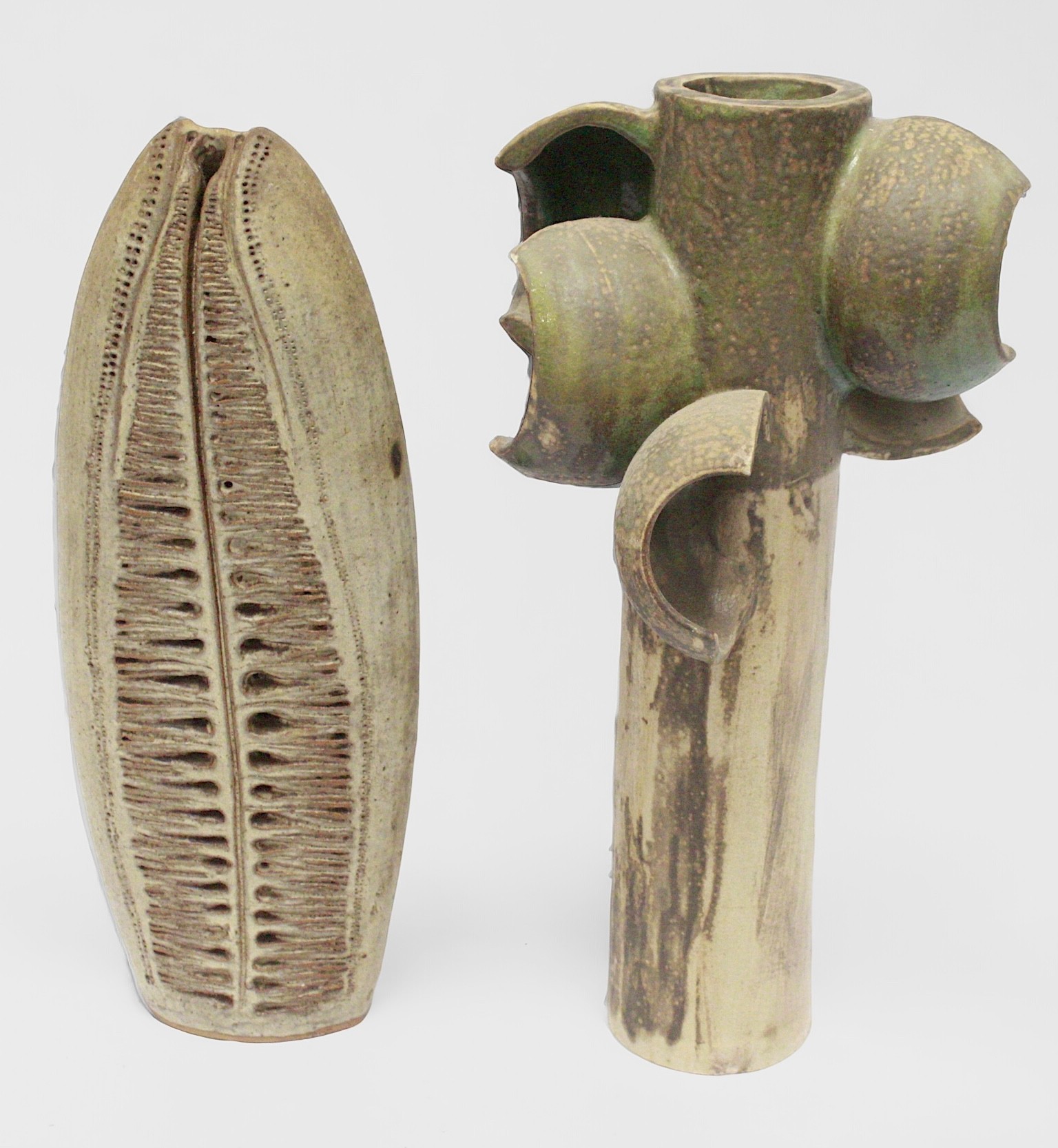 Two various 'Brutalist' stoneware pottery sculpture vases, 38cm high - Image 2 of 2
