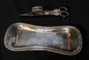 A pair of silver-plated candle wick scissors/ snuffers, cast with shell and lyre handles, together