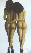 Laurie Abraham, full length ‘rear view’ portrait of two nude women wearing high heel shoes,