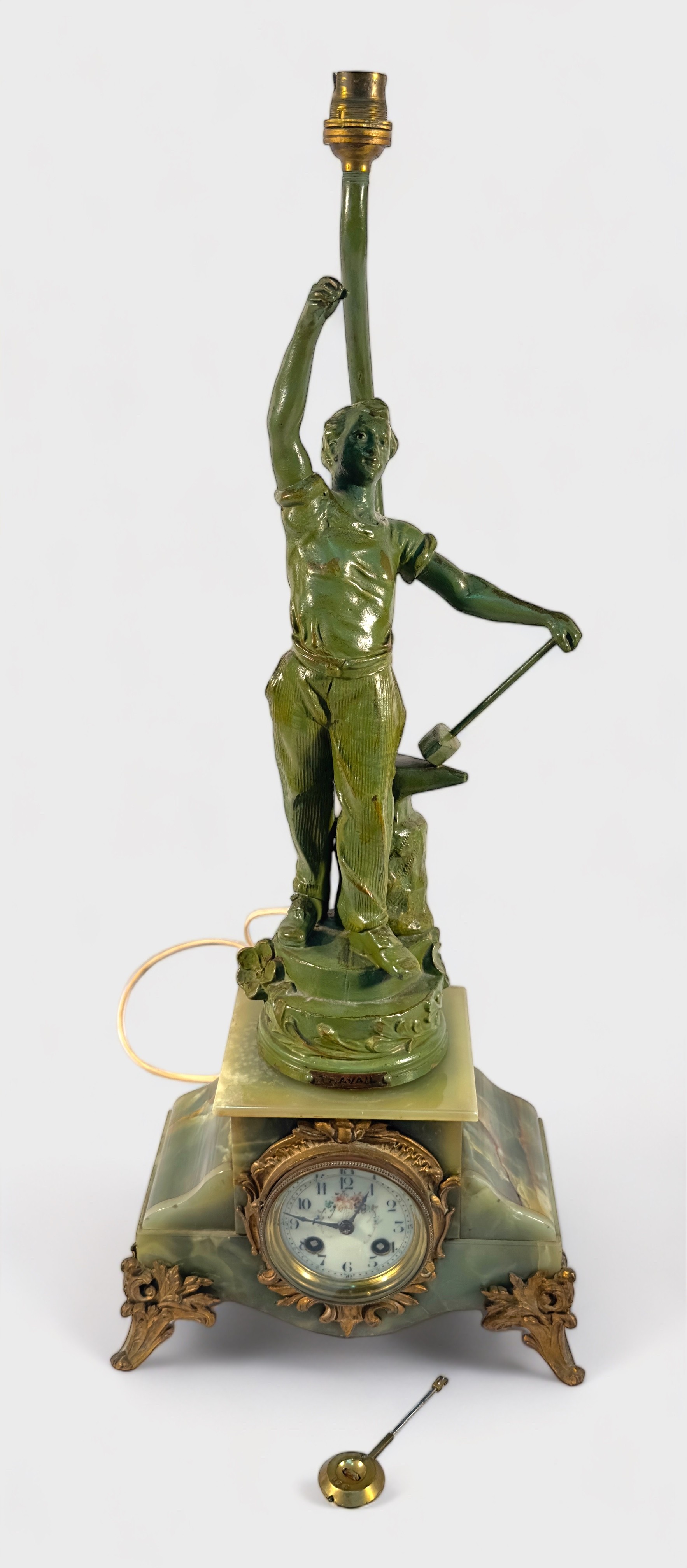 A late 19th Century French onyx and spelter figural figural mantel clock, converted to a lamp, - Image 3 of 5