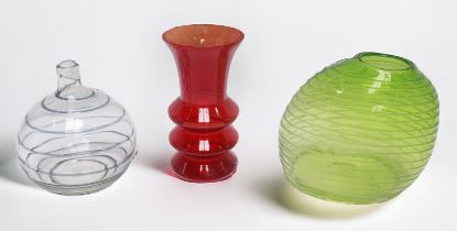 A Tamara Aladin ruby mould-blown vase, together with a green 'belly' vase with horizontal cut-