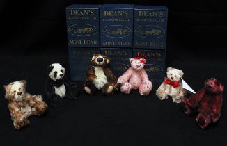 Six Dean’s Rag Book Co. Ltd Mini Bears, comprising Jester, limited edition Apple Pip Bear, Chinese