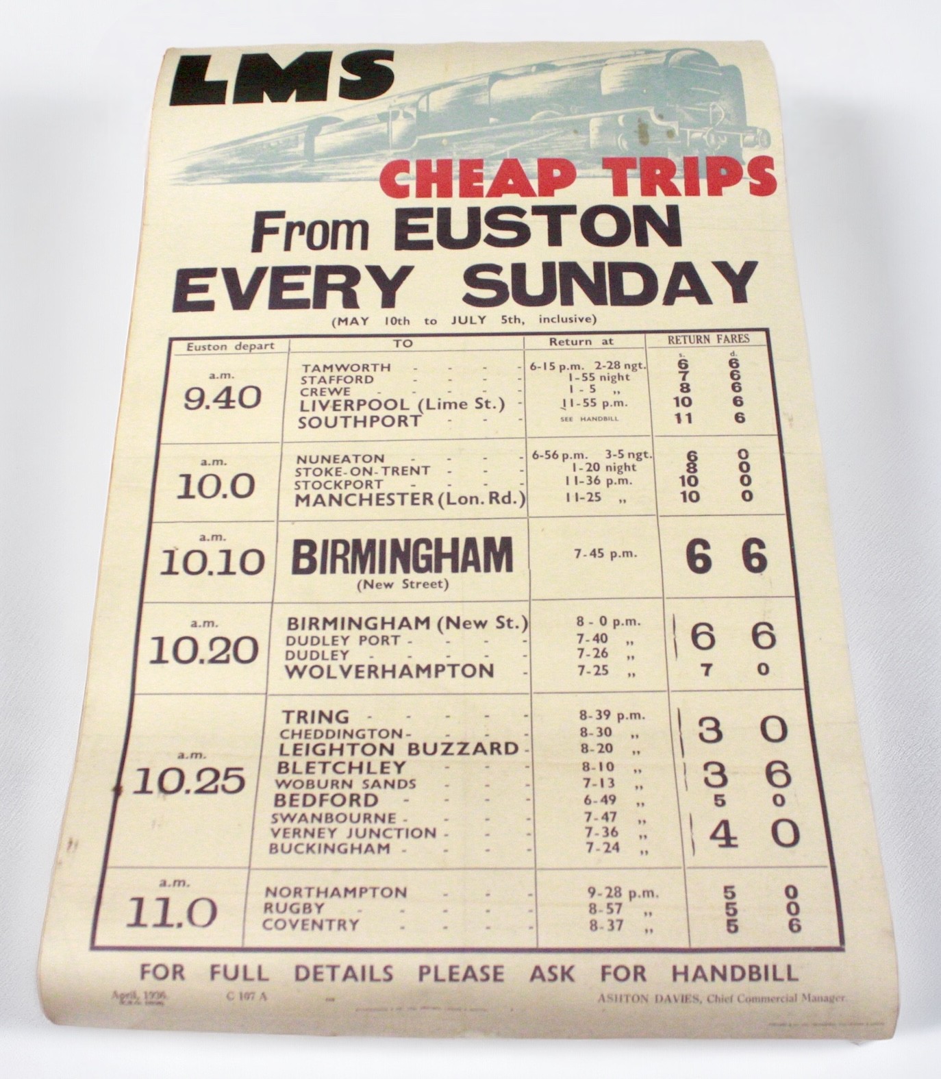 A London, Midland & Scottish Railway (LMS) poster, ‘Cheap Trips From Euston Every Sunday’, with a