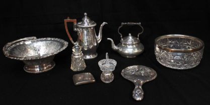 A collection of assorted silver wares including a pair of silver posy vases, a silver cigarette