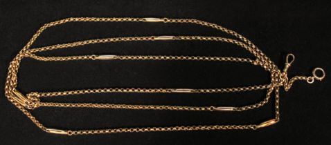 A long 9ct gold continuous belcher Albert style chain, with elongated links staggered throughout and