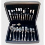 A set of Mappin & Webb silver-plated cutlery include knives, forks, soup spoons, table spoons and