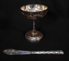A Chinese Export Silver goblet, with shallow circular bowl embossed and chased with a dragon, the