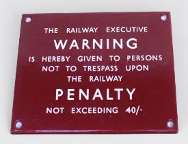 British Railways (Midland), a small enamel trespass sign ‘The Railway Executive Warning Is Hereby