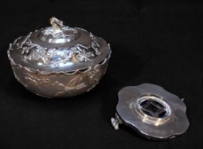 A Chinese Export white metal bowl and cover with stand, with applied blossom flowers and birds