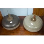 Two various granite curling stones, one with ribbed handle, diamond registration mark and stamped '