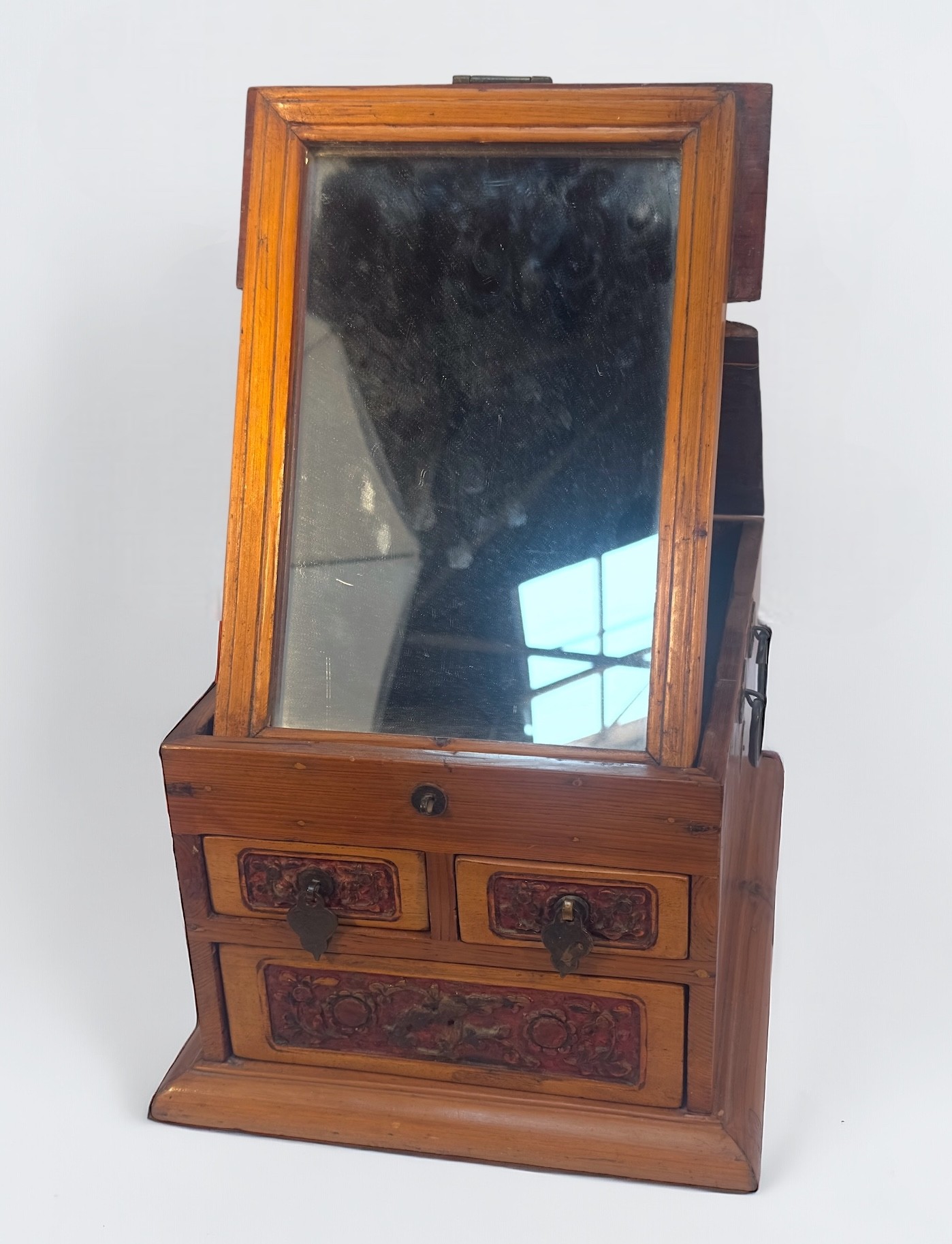 A Chinese portable vanity box, with adjustable easel mirror with three carved drawers beneath, - Image 2 of 5