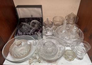 A pair of Waterford Crystal brandy ballons (boxed), a Baccarat Crystal clear glass fruit bowl, an