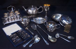 A collection of assorted silver-plated items including a James Dixon & Sons cruet egg set, a