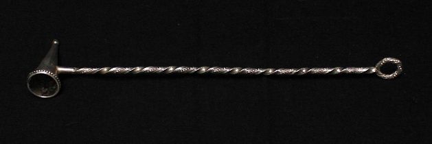 An ERII silver candle snuffer, with ornately beaded twist handle and ring to end, makers mark LGS,