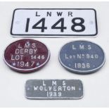 Four various cast iron wagon plates, including an LNWR Crane Plate number ‘1448’, and three L.M.S.