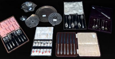 A cased set of six silver-handled fruit knives, set of six siver coffee spoons with coral-coloured