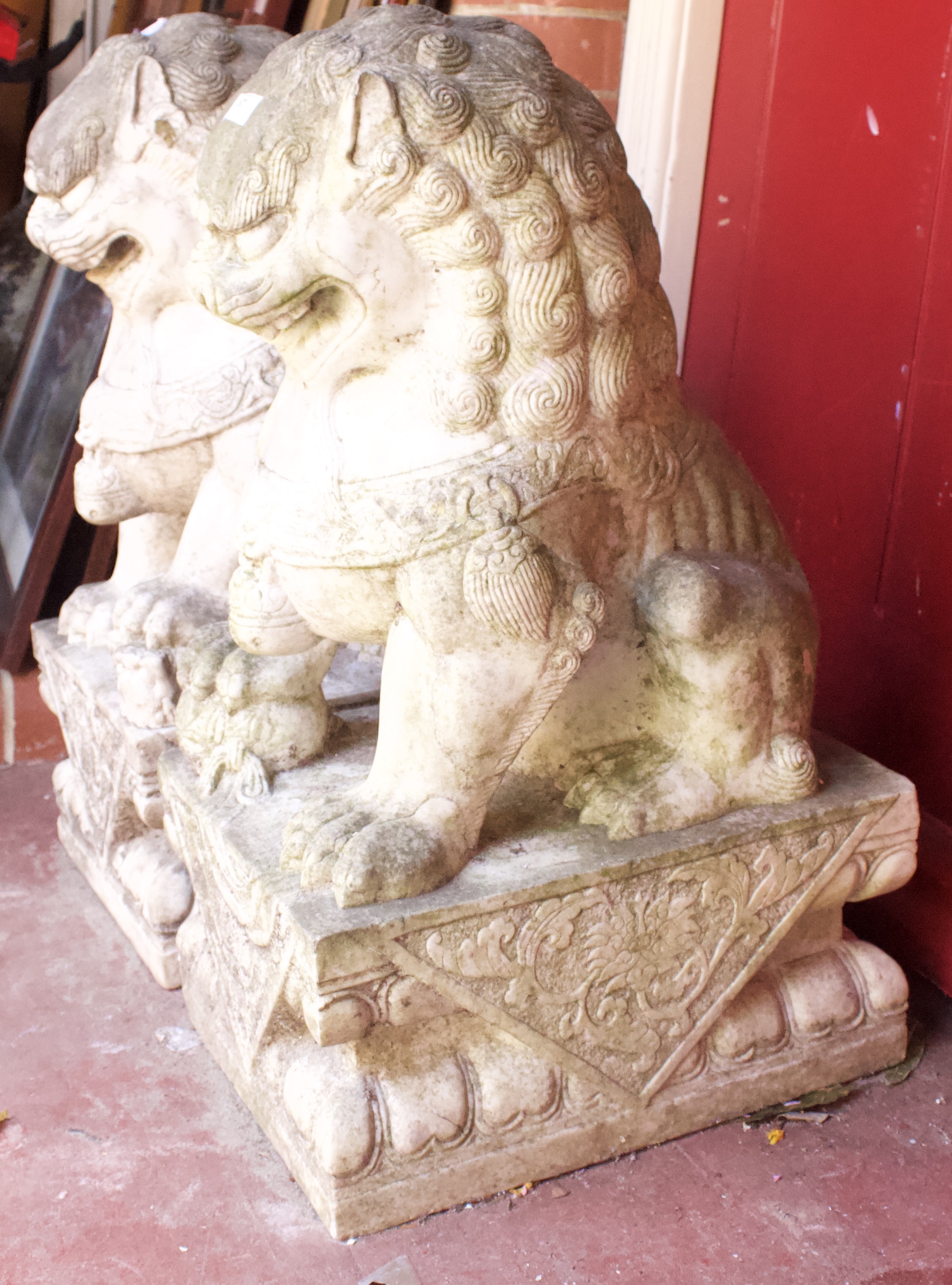 A Pair of Chinese Carved Large Stone Shishi (Fo Dogs/ Temple Dogs), the female dog with paw - Image 6 of 9