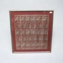 An Indian gold embroidered rouge cotton panel worked with elephants and female figures, 60x53cm,