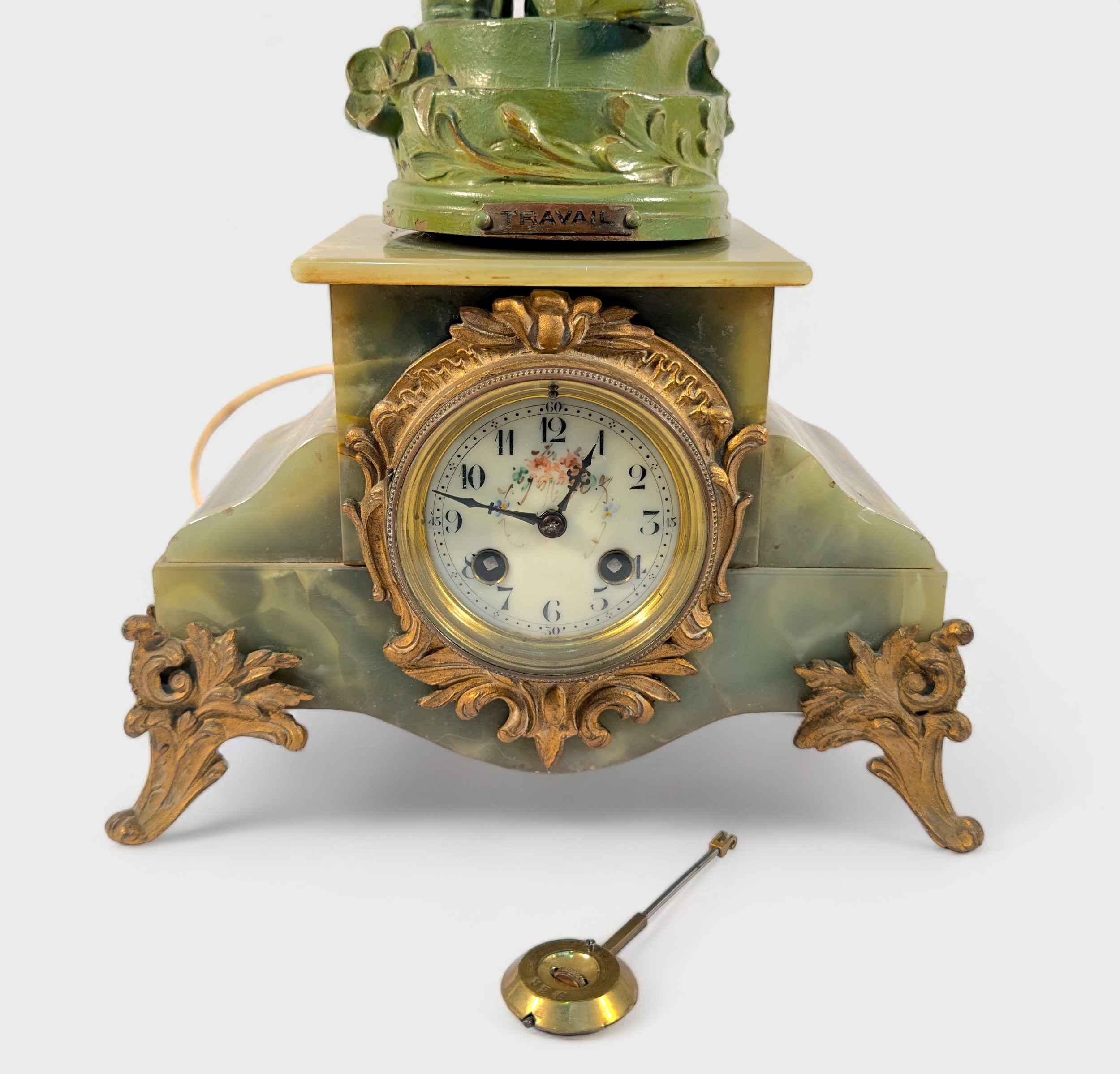 A late 19th Century French onyx and spelter figural figural mantel clock, converted to a lamp, - Image 2 of 5