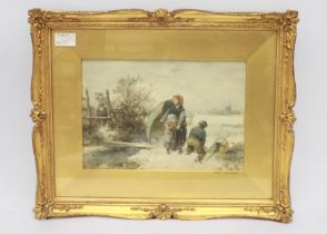 Mari Ten Kate (Dutch, 1831-1910) Snowy country landscape study with children throwing snowballs