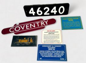 Five various reproduction railway signs, comprising, a plastic BR(M) totem station sign for