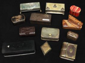 A collection of small boxes for snuff, stamps etc, including desk-top hinged stamp box with inset