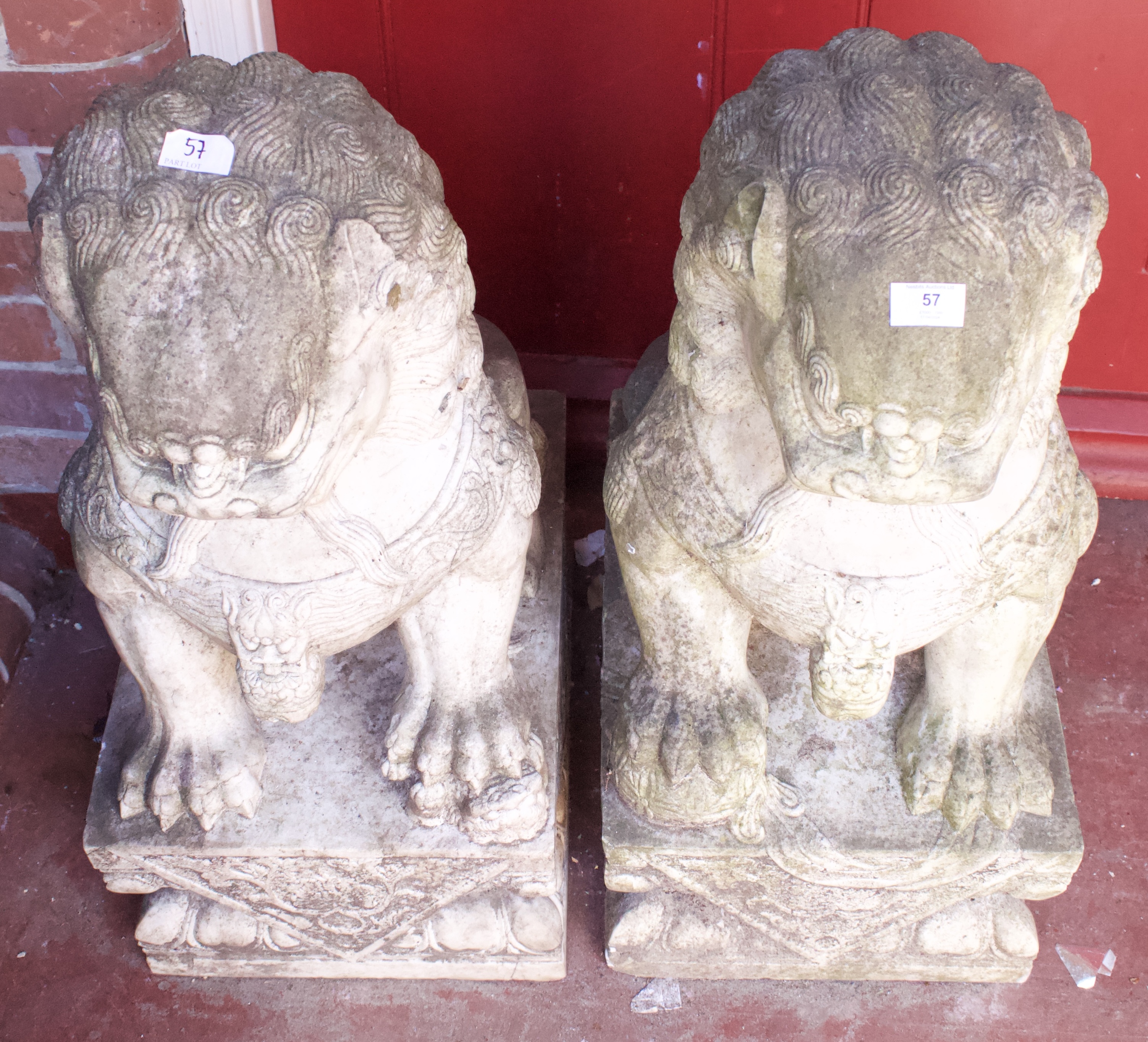 A Pair of Chinese Carved Large Stone Shishi (Fo Dogs/ Temple Dogs), the female dog with paw - Image 5 of 9