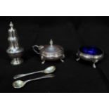 A Three-piece silver condiment set of open circular salt, mustard with hinged cover and a baluster