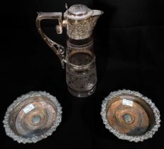 A late Victorian Elkington & Co claret jug, with anthemion cast and silver-plated mounts, cut and