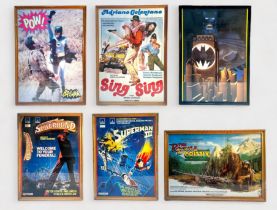 Six various framed film posters, Superhero examples, including Superman III (1983), TVA 90 1994 2,