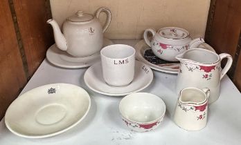 A collection of 'carried' railway ceramics, comprising L.M.S. Hotels teapot and side plate, white