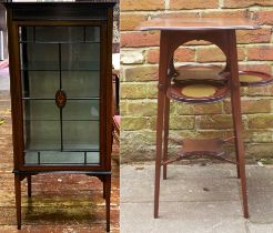 An Edwardian stained walnut single door display cabinet, and an Edwardian stained wood jardinière