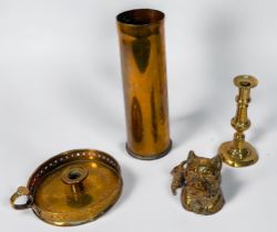 A small quantity of assorted brass wares, comprising, a 19th century brass desk inkwell in the