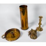 A small quantity of assorted brass wares, comprising, a 19th century brass desk inkwell in the