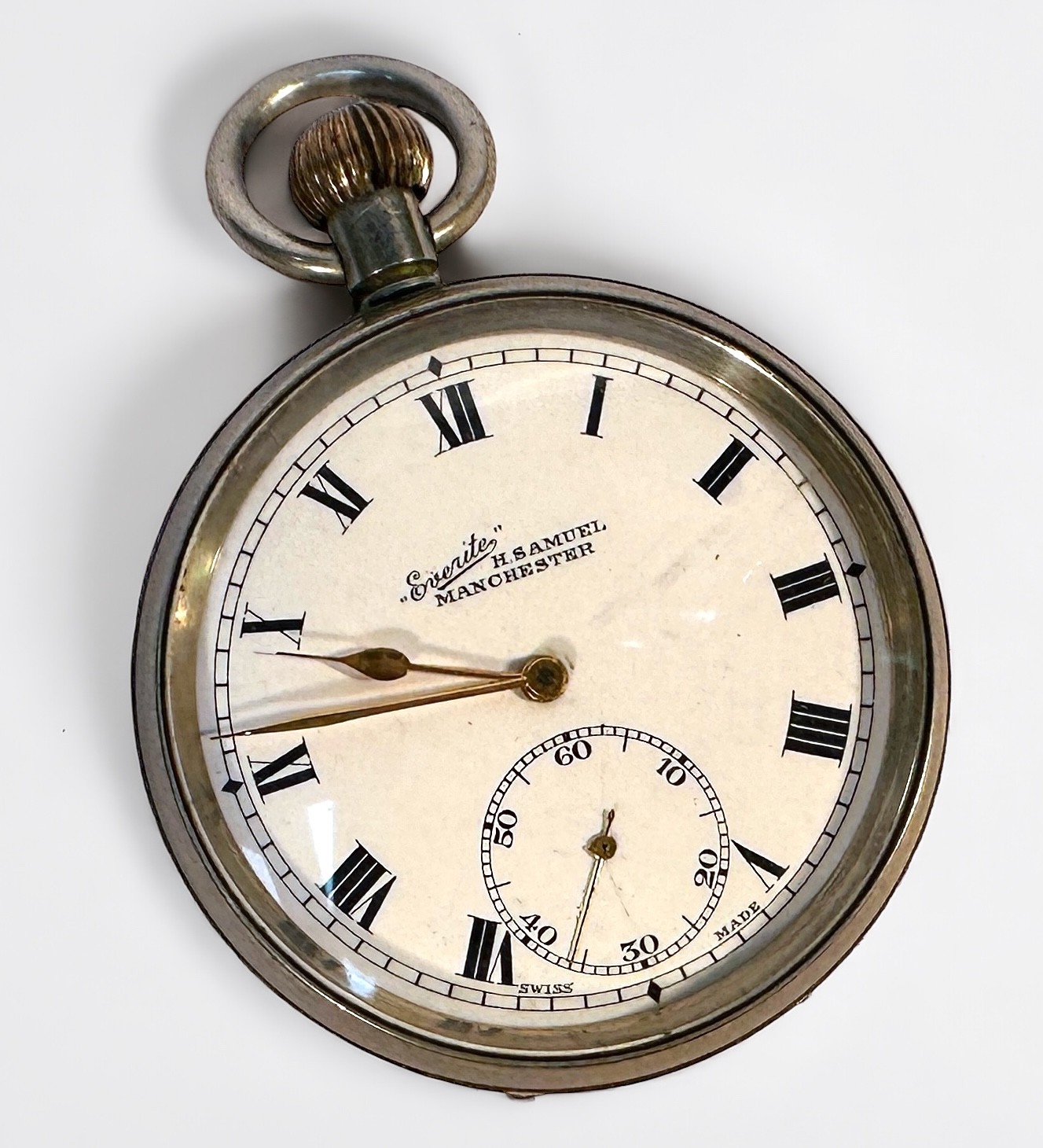 A white metal cased Everite open-faced pocket watch, dial inscribed ‘Everite H. Samuel - Image 4 of 5