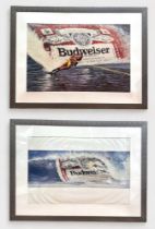 Two large Budweiser water sports advertising prints, depicting a woman water skiing and a man