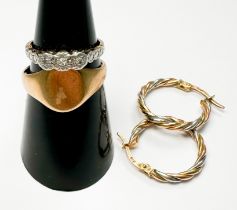 A 9ct gold signet ring, a 9ct gold ring, illusion set with 3 x small stones, and a pair of 9ct